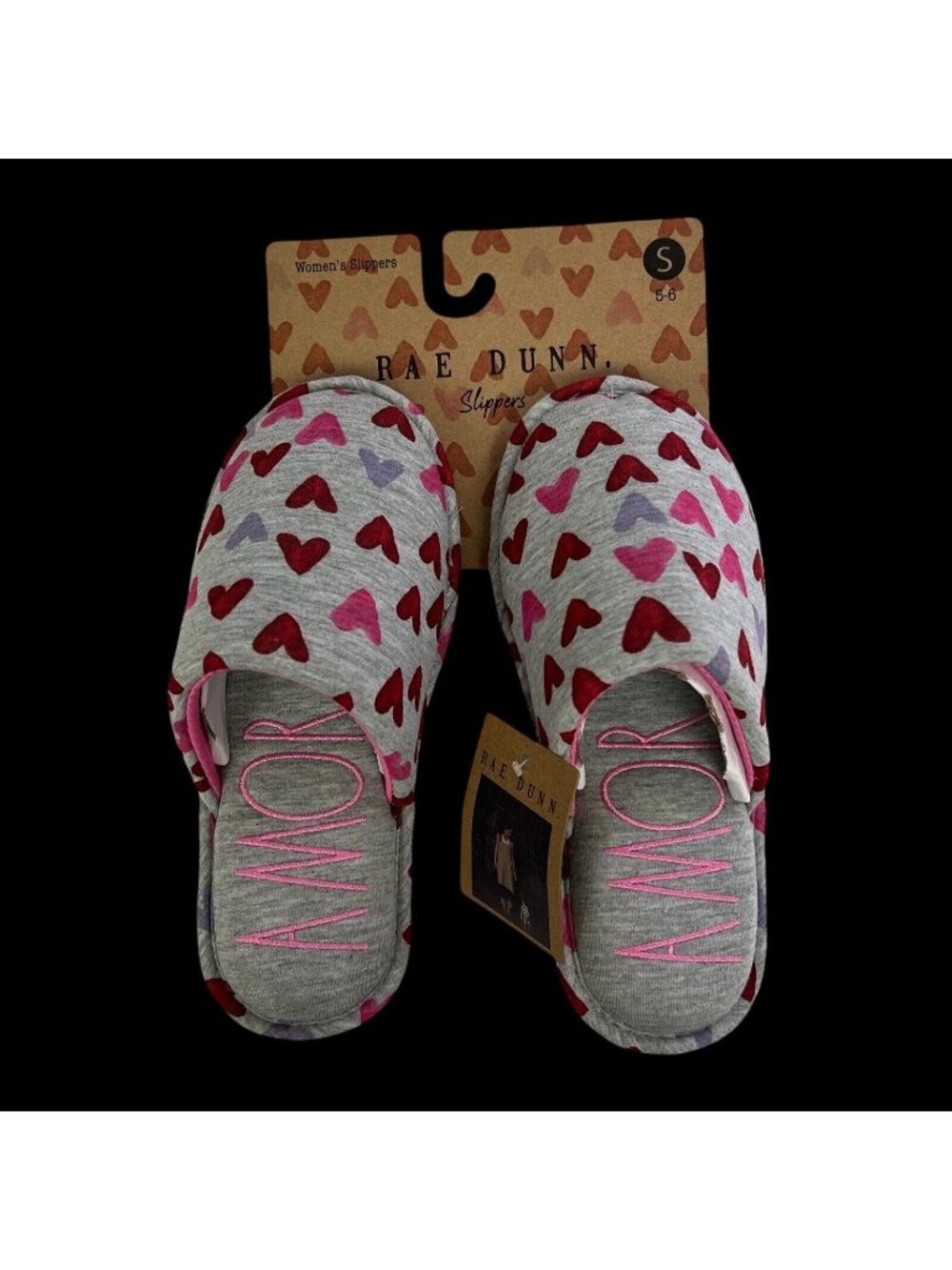 Rae Dunn Women's Slippers Gray Heart Print Amor Small 5/6 New With Tag